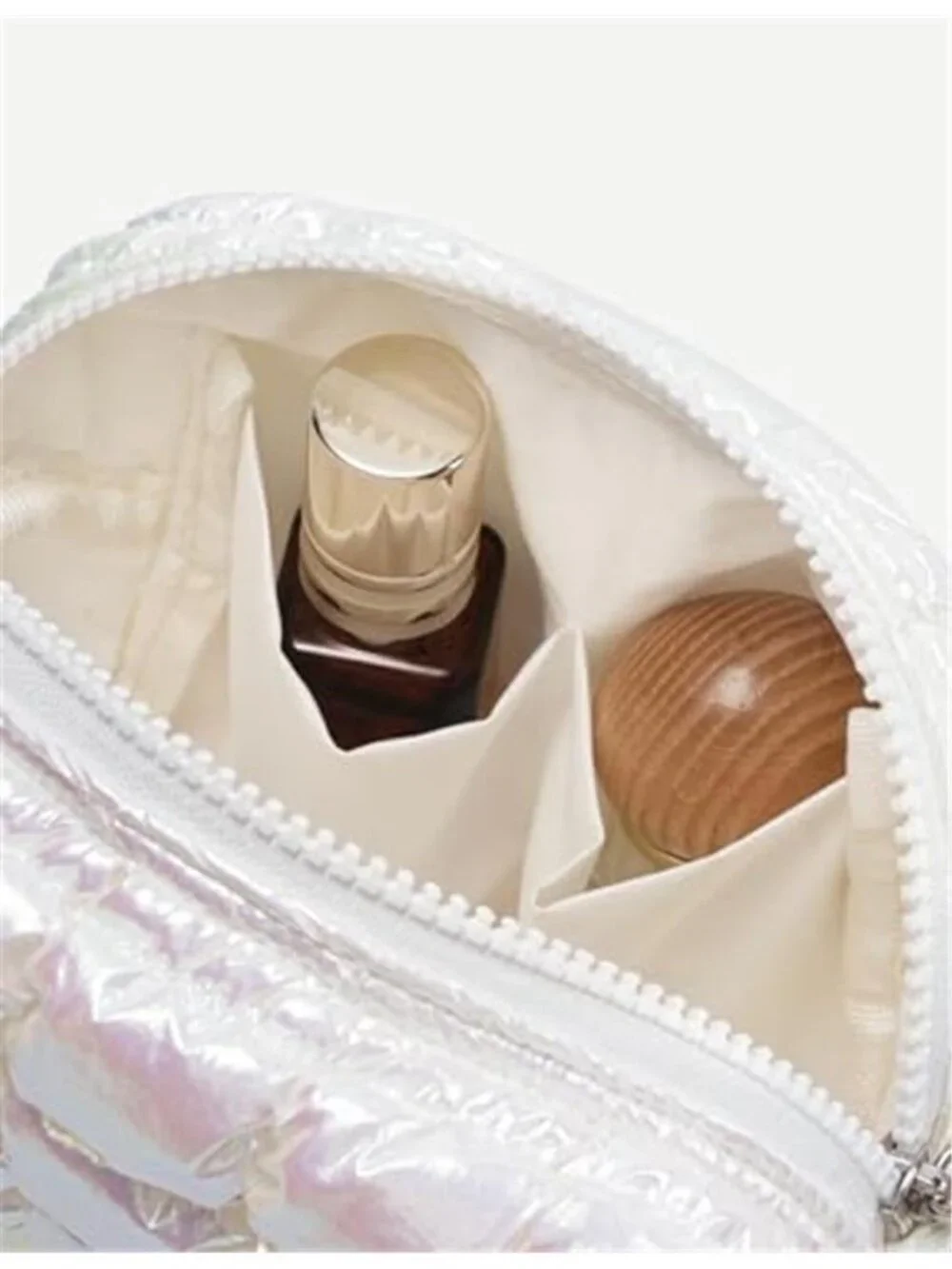 Quilted Makeup Bag, Puffy Cosmetic Bag Iridescent White Travel